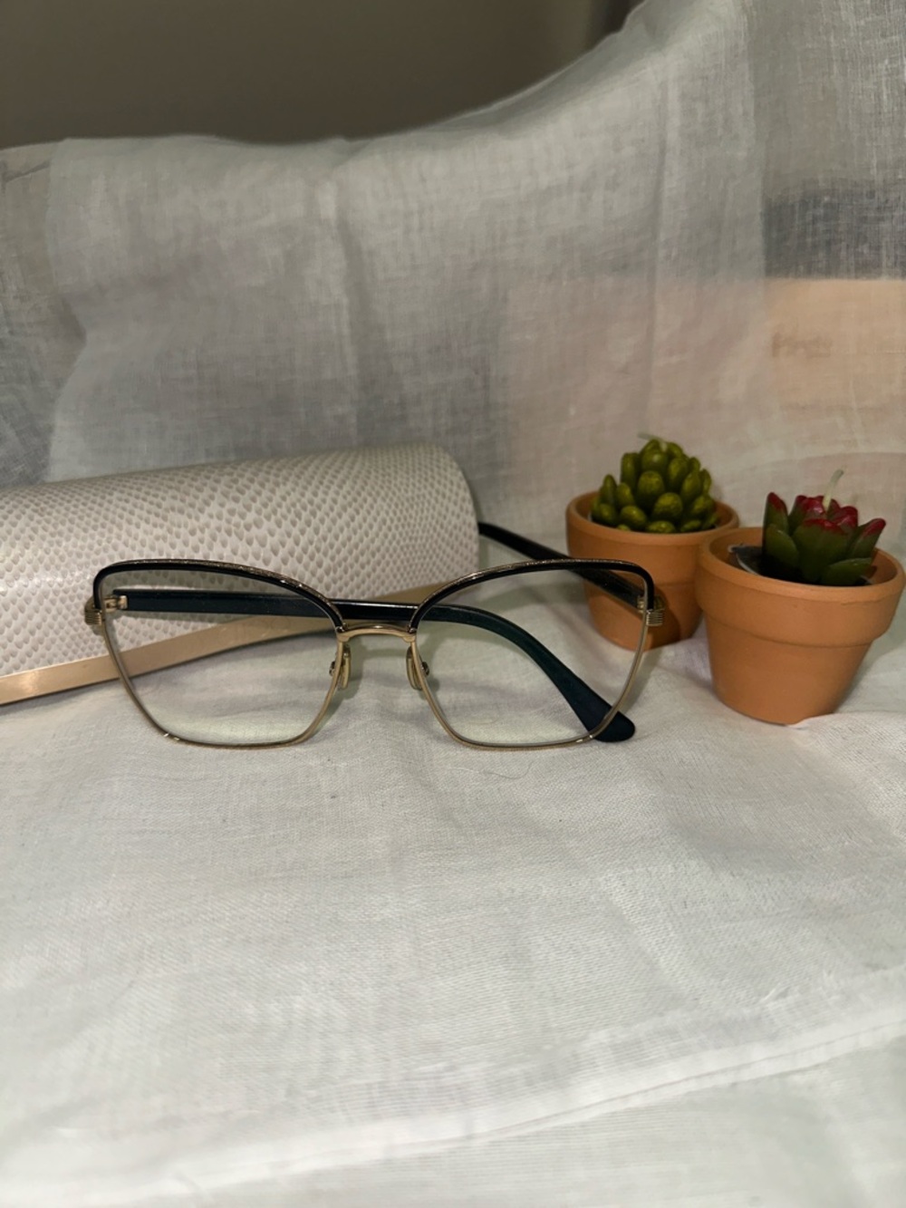 Jimmy Choo Black and Gold Cat-Eye Metal Frame Glasses